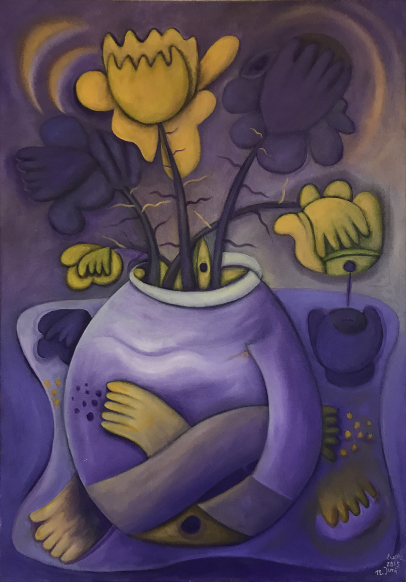 Werk von Marion Lucka - Titel: "Blüten in gelb / violett" - Technik: Öl